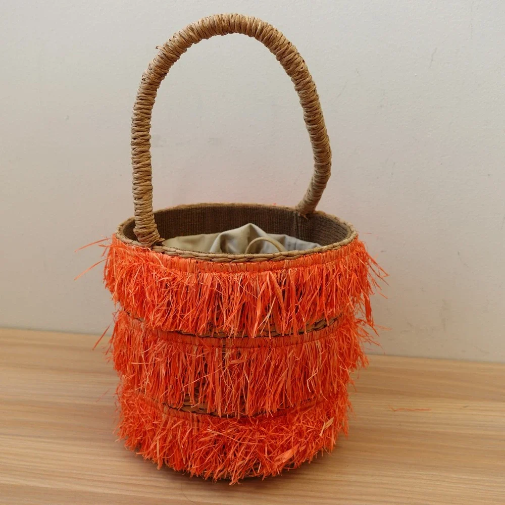 Orange Fringe‎ Straw Bucket Bag Natural Tan Basket Tote Summer Beach Boho KAYU